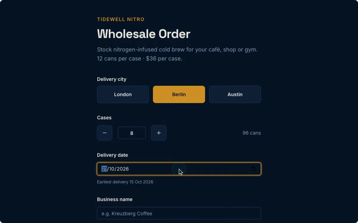 The wholesale order app Build made: a delivery city, cases and a date.