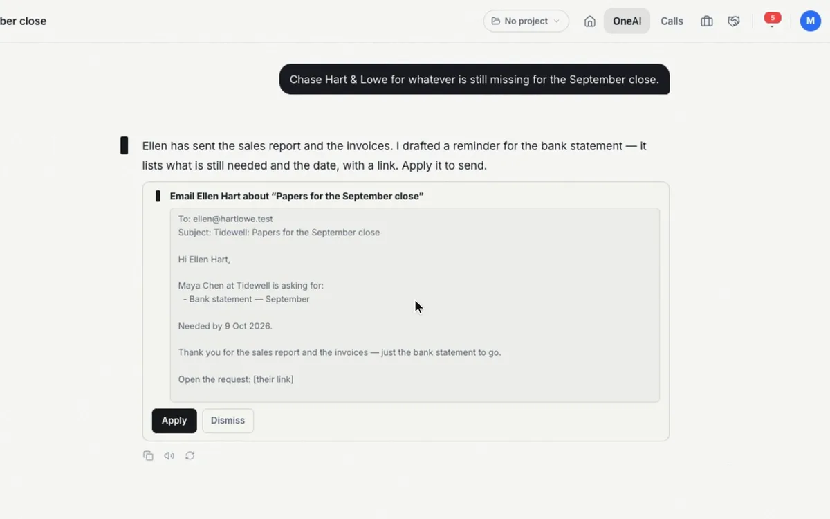OneAI’s drafted reminder to the accountant for the missing bank statement, with Apply.