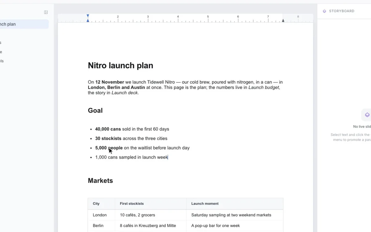 The launch plan in the Doc editor.