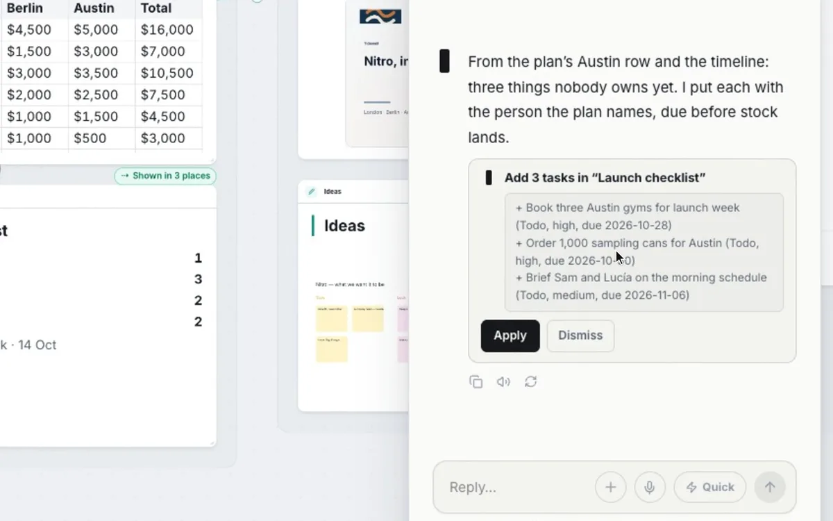 OneAI beside the canvas, with a drafted card: add three tasks to the launch checklist, Apply or Dismiss.